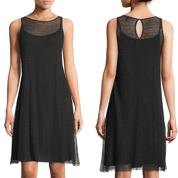 Eileen Fisher Herringbone Open Knit Lace Tank Dress Size Small Sheer Black - Picture 2 of 11